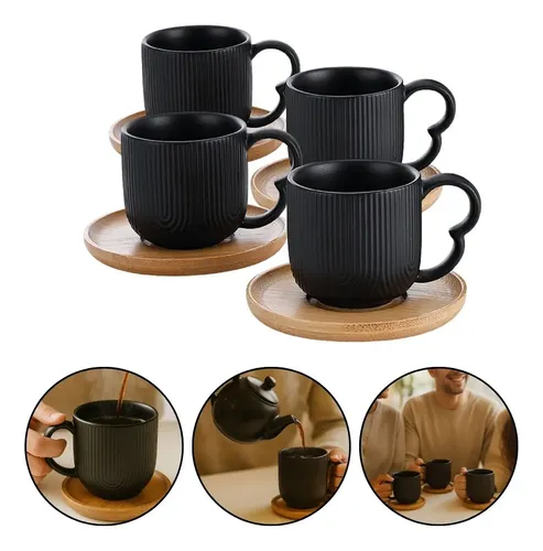 Jogo Xícaras Com Pires Cerâmica Preta Haüskraft 190ml 4 Cafe