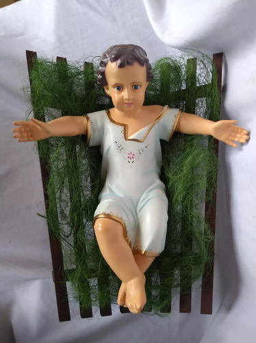 Menino Jesus Berco De Madeira 55 Cm Azul Manjedoura Jesus Cor Pintura A Mão