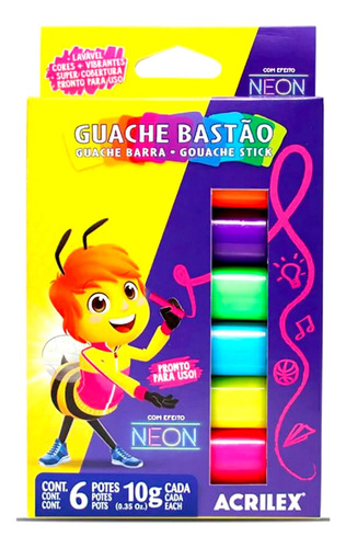 Guache Em Bastão 6 Cores Neon Tinta Escolar Acrilex 10g 