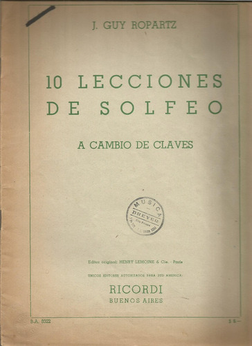 10 Lecciones De Solfeo A Cambio De Claves J. Guy Ropartz