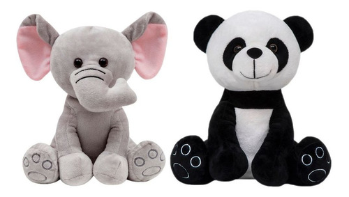 2 Bichinhos Da Floresta Safari Animais Menino Meninas 25 Cm Cor Elefantinho/Pandinha