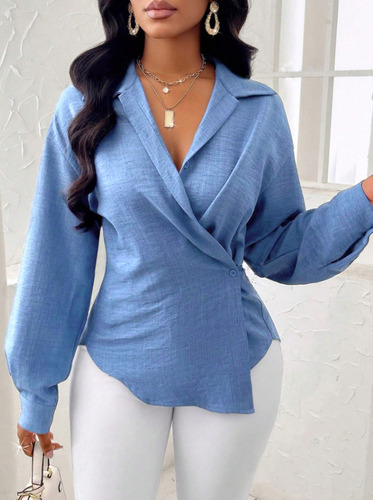 Top Camisero Ceñido Con Botones Y Solapa De Color Liso Para