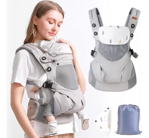 Cangurera de Bebé Ajustable Portátil Ergonomica Color Gris Juntang con Bolsa de Almacenamiento para Niños de 0-36