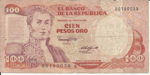 Colombia  Reposición100 Pesos Oro 12 De Octubre 1985