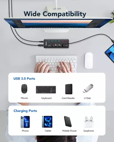 Wenter Hub USB alimentado, divisor de concentrador USB 3.0 de 6 puertos (4  puertos de datos USB 3.0 + 2 puertos de carga rápida QC 3.0) con