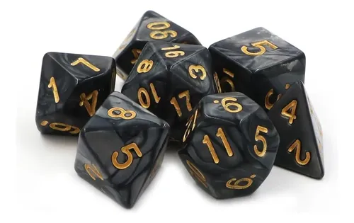 Conjunto 7 Dados Rpg D&d Preto Dourado Marmorizado + 1 Bolsa Pret...