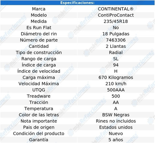 Par De Llantas 235/45r18 94h Sl Continental Contiprocontact