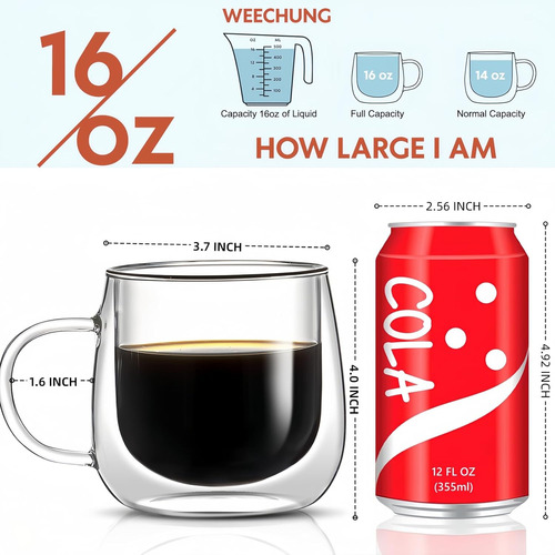 Juego De 2 Tazas De Café De Vidrio De Doble Pared De 16 Oz,
