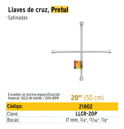 Llave Cruz Auto 20 Pulgadas Galvanizada Pretul Llcr-20p