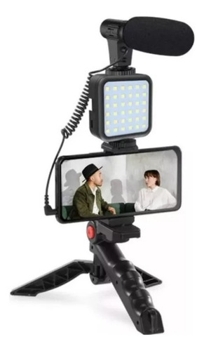 Kit Streaming Para Celular Tripode Luz Led Soporte Microfono Negro