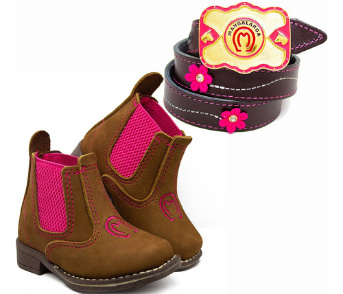 Kit Infantil Bota Feminina Rosa + Cinto C/ Fivela Cowboy