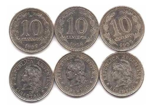 3 Monedas Argentina 10 Centavos Año 1957 1958 1959 Excelente