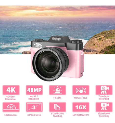 Camara Digital Vetek, 48mp, Zoom 16x, Gran Angular, Rosa