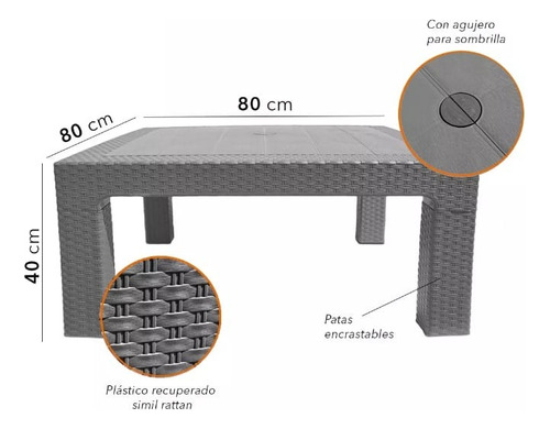 Mesa Baja Plástica Cuadrada Reforzada Jardin Simil Rattan