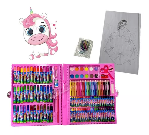 Estojo Completo De Pintura Infantil Com 150 Peças + 30 Desenhos Kit Escolar  Maleta Presente Criança Desenhar Pintar Giz de Cera Tinta Lápis de Cor Para  Menina Rosa Feminino