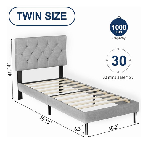 Base De Cama Individual Sismplly Tapizada Gris Claro