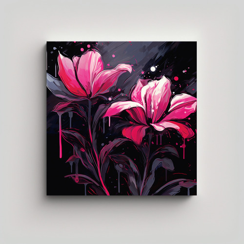 70x70cm Lienzo Composición Tela Neonoir Negro Y Rosa Flores