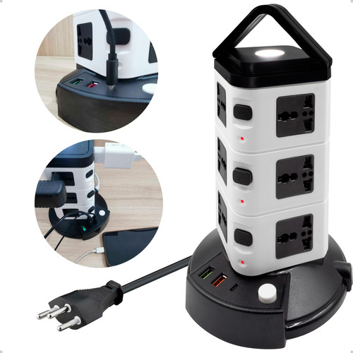 Torre De Tomada Multiplug 12 Tomadas Usb E Tipo-c 10a Bivolt Cor Branco