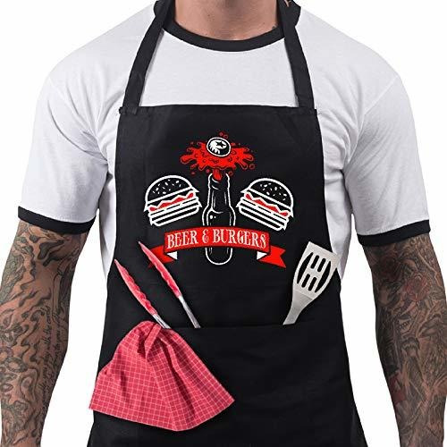 Bbq Apron Funny Aprons For Men Beer & Burger Barbecue Grill 