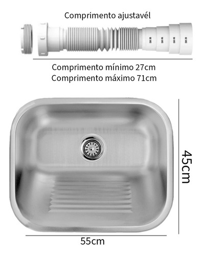 Tanque De Aço Inox Escovado 55x45 Cm + Sifão Universal Cor Prateado