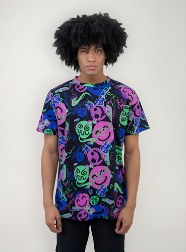 Camiseta Estampada Masculina Algodão Full Print Crazy Smile