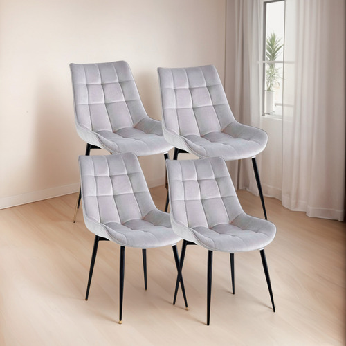 Pack 4 Sillas Comedor Terciopelo Capitone Cómoda Y Elegante Estructura de la silla Negro Asiento Gris