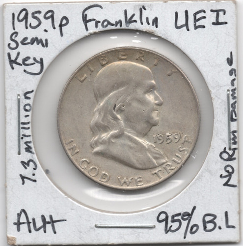 1959 P Franklin 50 C Dolar Moneda Au Plata Ley .90 Lote Uei
