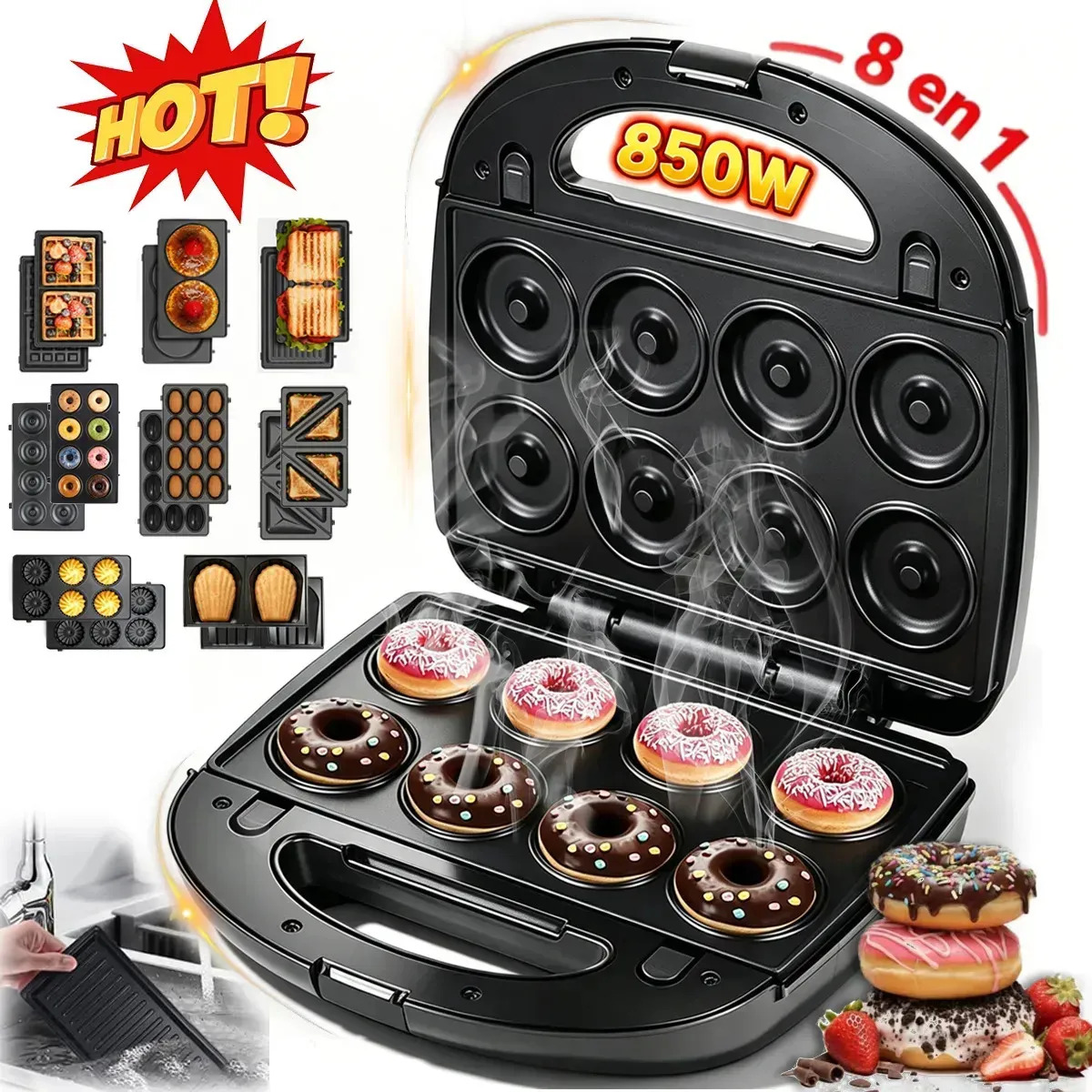 Máquina Para Hacer Donas 8 En 1 Electrica Antiadherente Breakfast Waffles Hot Dog Y Bife gofres rayas horizontales sándwiches magdalenas platos de frutos secos donuts salchichas a 