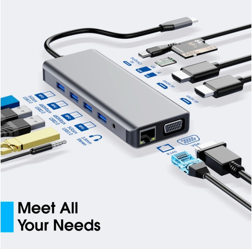 Adaptador Hub Tipo C 12en1 Hdmi Vga Gigabit 3.5mm Sd Usb 3.0