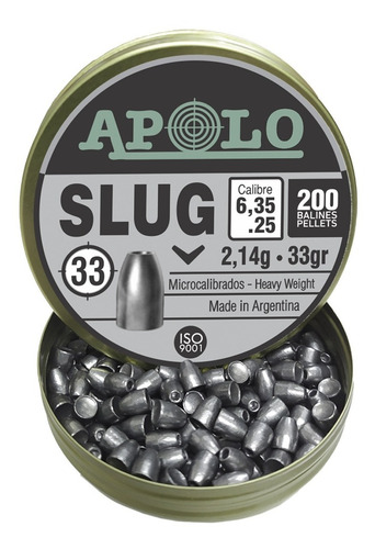 Imagen 2 de 10 de Balines Apolo Slug 6.35 Mm 33 Gr Lata X200 Punta Solida Caza