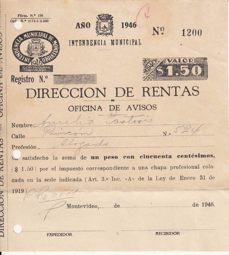 1946 Recibo De Intendencia Pago Impuesto Chapa Profesional