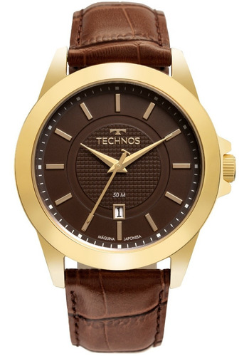 Relógio Technos Masculino Dourado Marrom Couro Barato C/ Nf