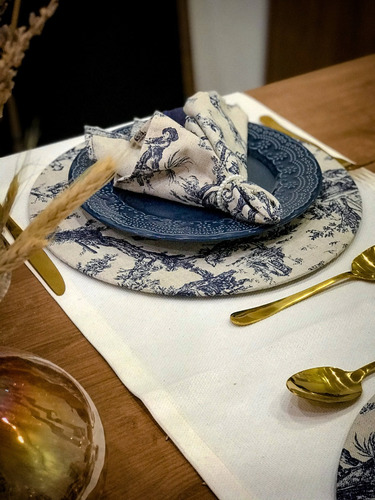 Kit Mesa Posta Jantar 8 Lugares Toile De Jouy Azul Em Linho