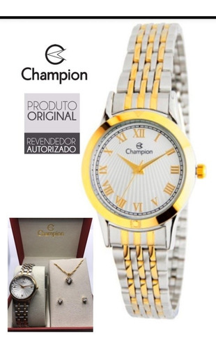 Relógio Champion Dourado Feminino+ Colar E Brincos (kit)