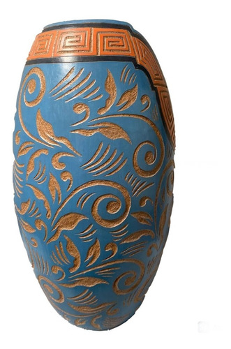 Vaso De Barro Bruñido Fraccionado Azul Engrecado Esgrafiado.