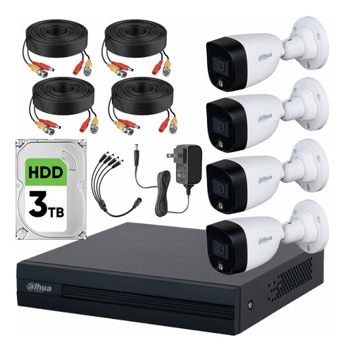 Dahua Kit Video Vigilancia 4 Cámaras Full Color 2mp Con Disco Duro 3 Tb / Cámaras De Seguridad Con Detección De Movimiento Y Alta Resolucion Kit Cctv Con Accesorios Incluidos