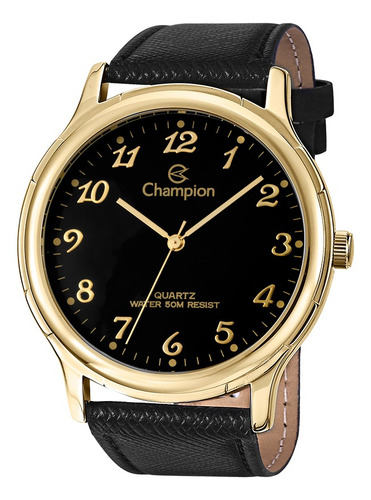 Relógio Masculino Dourado Champion Pulseira De Couro Preta