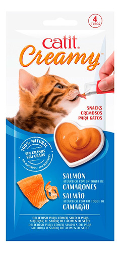 Snack Cremoso Gato Cat It Creamy Salmon Y Camarones 4 X 10gr