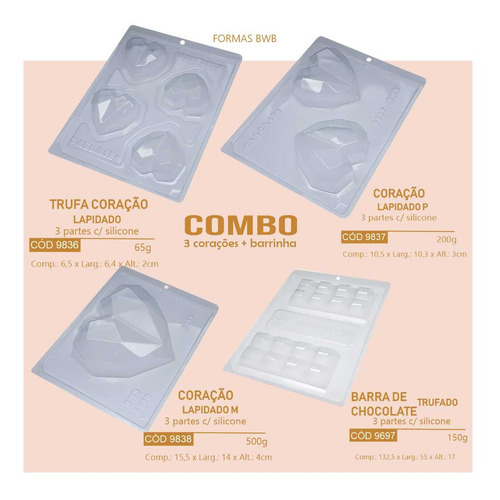 4 Forma Silicone Bwb 3  Coração Lapidado 1 Barrinha 150 G