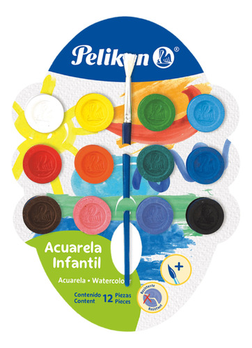 Acuarelas Infantil Pelikan X12 Clásicos Pastilla + Pincel 