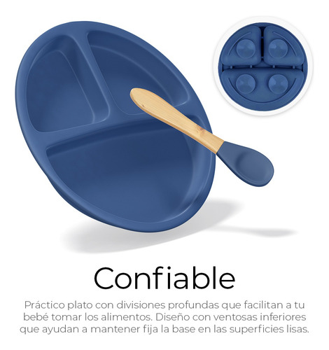 Set De Cubiertos Para Bebés Silicona Plato Antideslizante Color Azul Liso Personaje Ninguno
