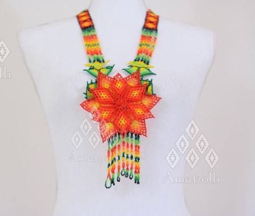 Collar Fino Mexicano De Chaquira Modelo Flor Huichol