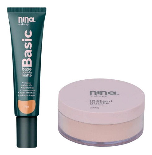 Kit Nina Makeup Base Líquida Basic+pó Solto Instant Cor 2