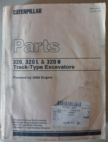 Manual De Partes Excavadora Caterpillar 320, 320 L 320 N (Usado)