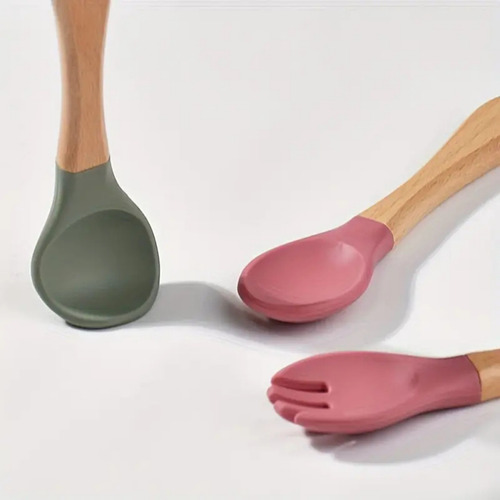 Set Cuchara Y Tenedor De Silicona Con Mango De Bamboo Chufi Rosa