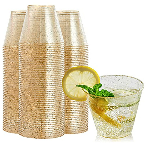 100 Pack Gold Glitter Plastic Cups 9 Oz Clear Plastic C...