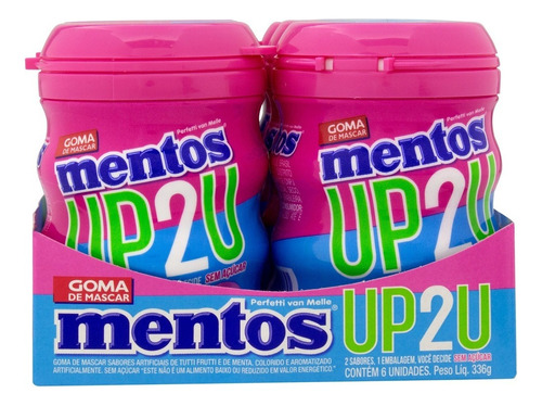 Pack Goma de Mascar Tutti Frutti e Menta Zero Açúcar Mentos UP2U Pote 336g 6 Unidades