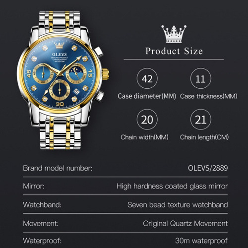 Relógio cronógrafo de quartzo Olevs 2889 para homens, cor de fundo empresarial, prata, dourado, azul