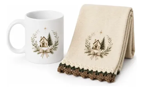 Kit Presente Natal  Caneca Porcelana Pano De Prato Crochê Cru Presente De Natal