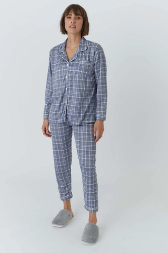 Pijama Dama Mujer Invierno Azul Cuadros Talle P + Regalo